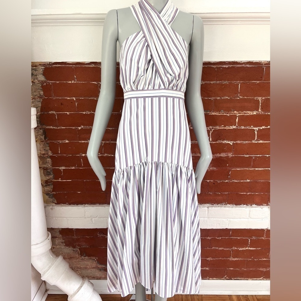 Veronica Beard Lavender and White Striped High-Low Halter Dress - Picture 4 of 16